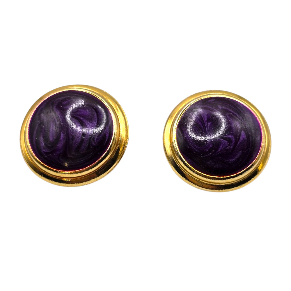 Earrings Purple Enamel Gold Tone Studs Round Domed Post Thin Metal SKU2394